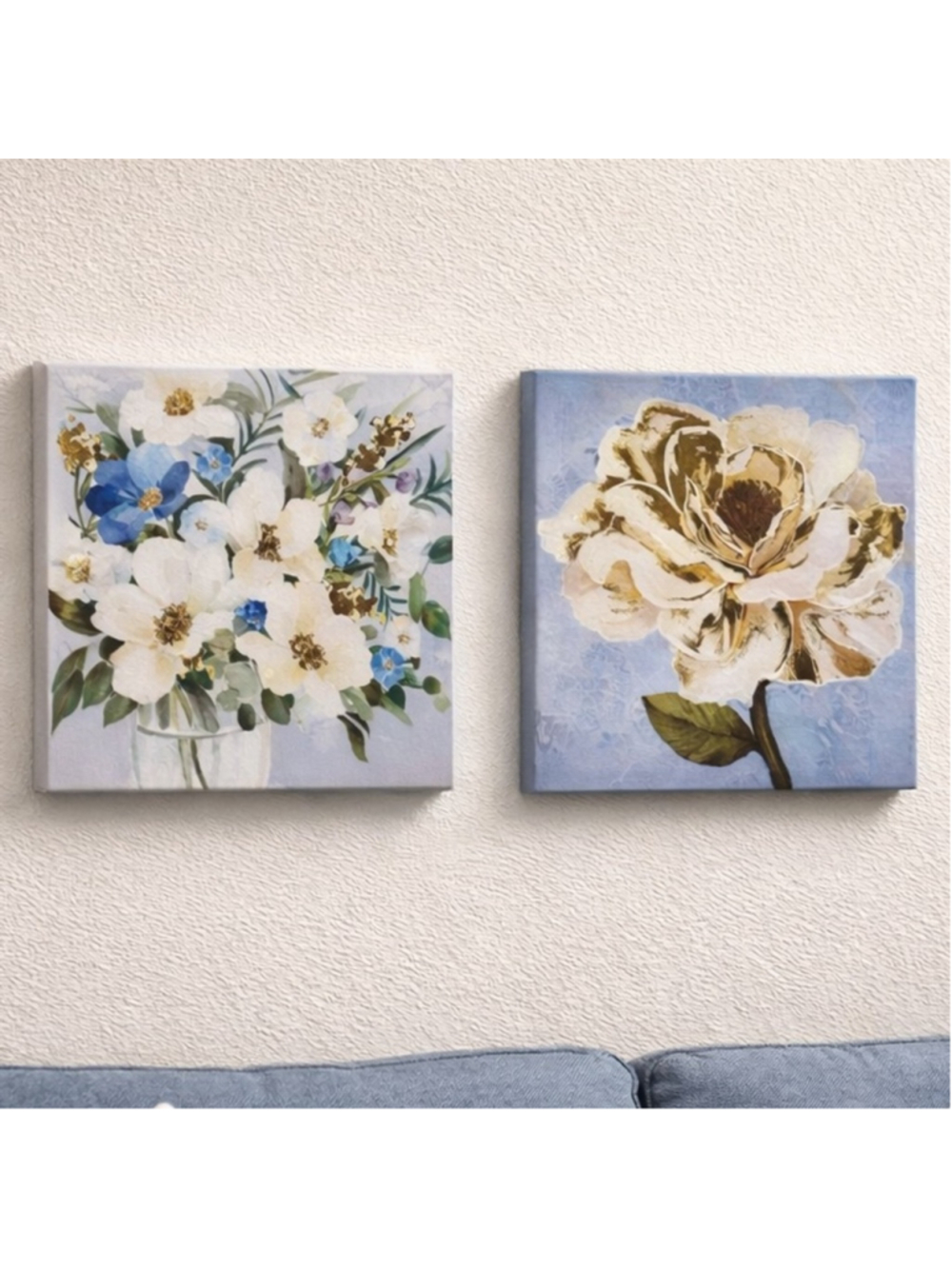 NEW Blue Gold Abstract & Floral Canvas Art Set (2) | 8x8 Modern Neutral Art